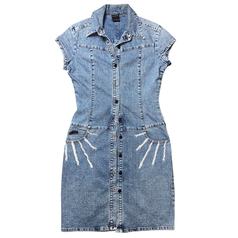 FUBU Vintage 90s Denim Mini Dress Light Wash Button Front Short Sleeve Blue